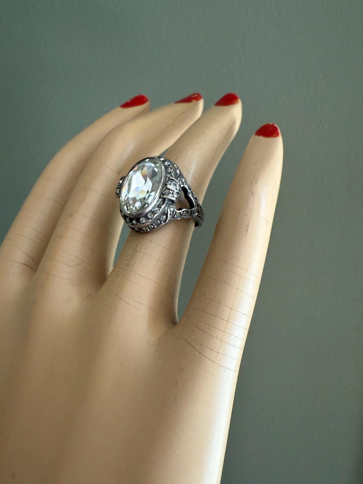 Art Deco Sterling Silver Oval Crystal Ring c1930