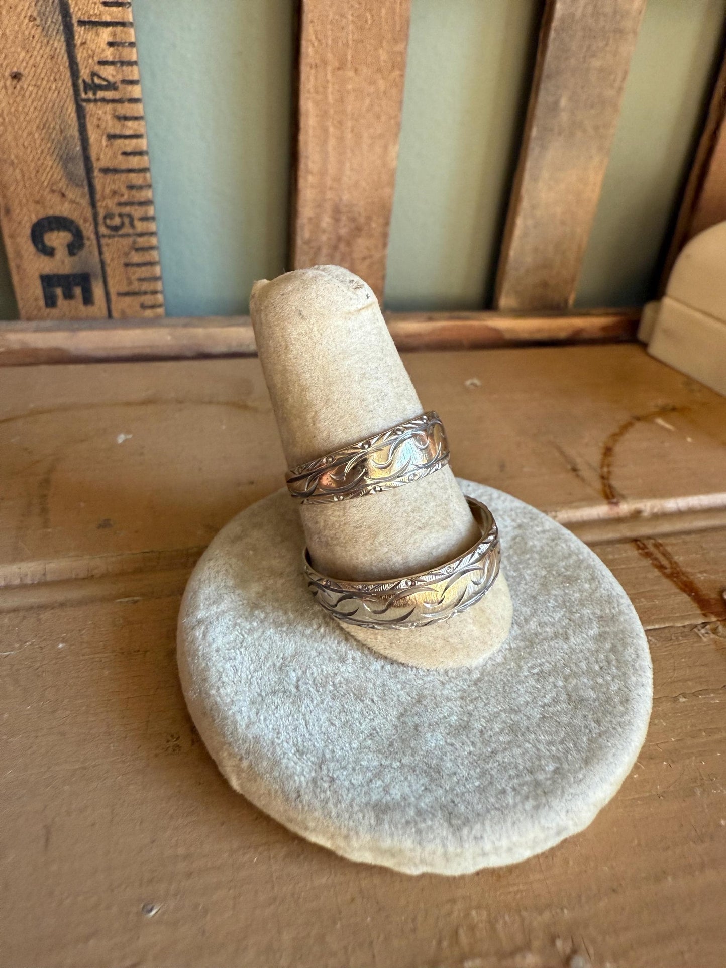 A Rare Matching Mid Century Bi Color 14K Engraved Wedding Bands