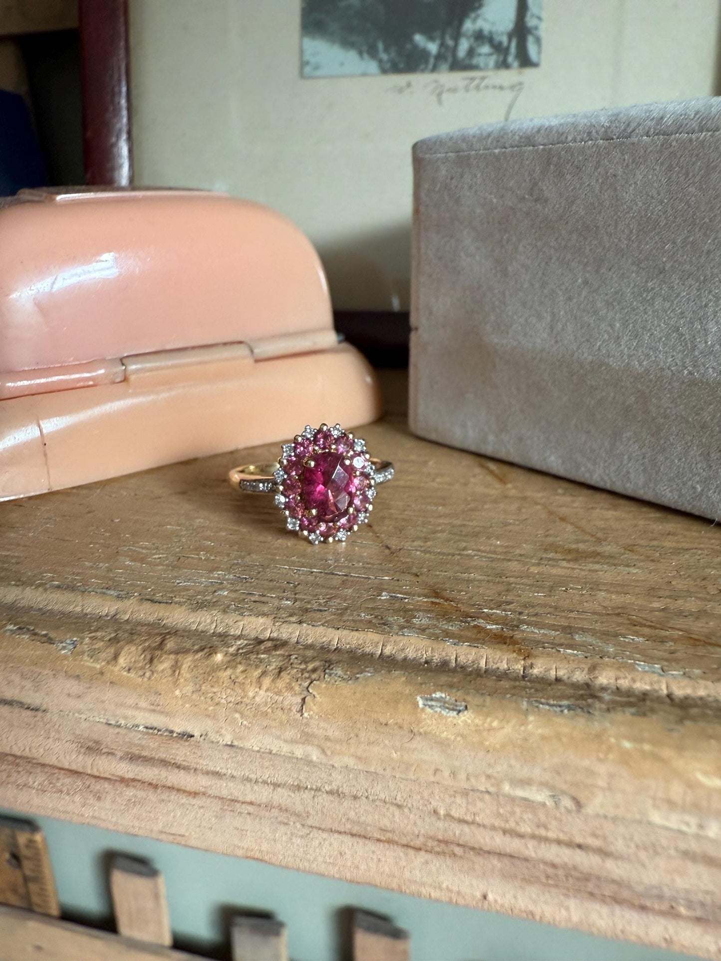 14K Yellow and White Gold Checkerboard Cut Pink Tourmaline with Accent Diamonds