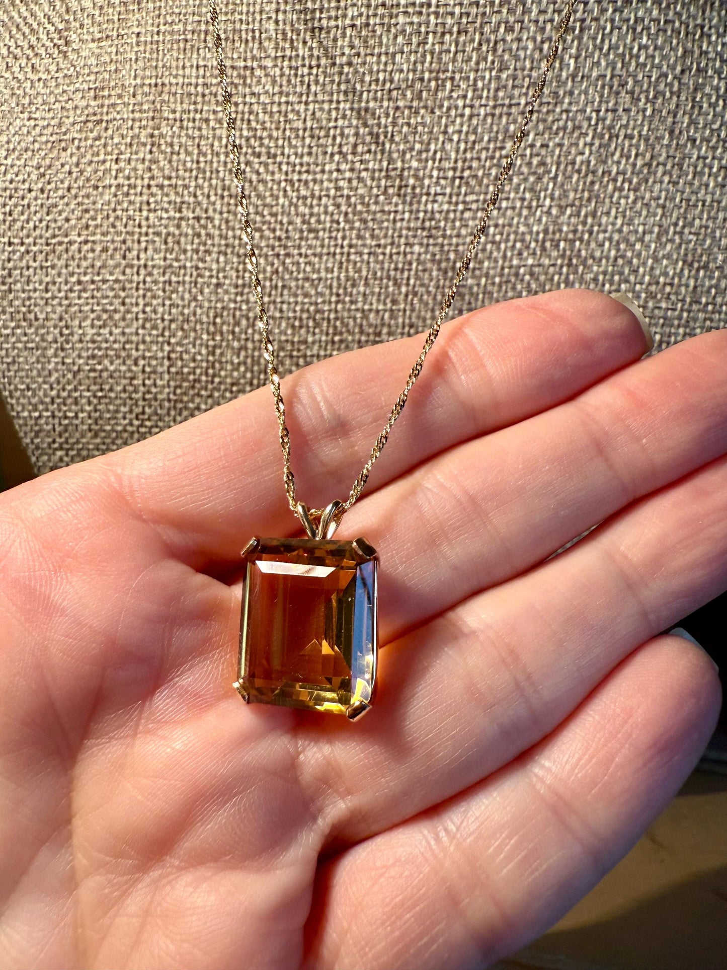 A Vintage 14K Yellow Gold Rectangle Cut Citrine on a 14K Chain