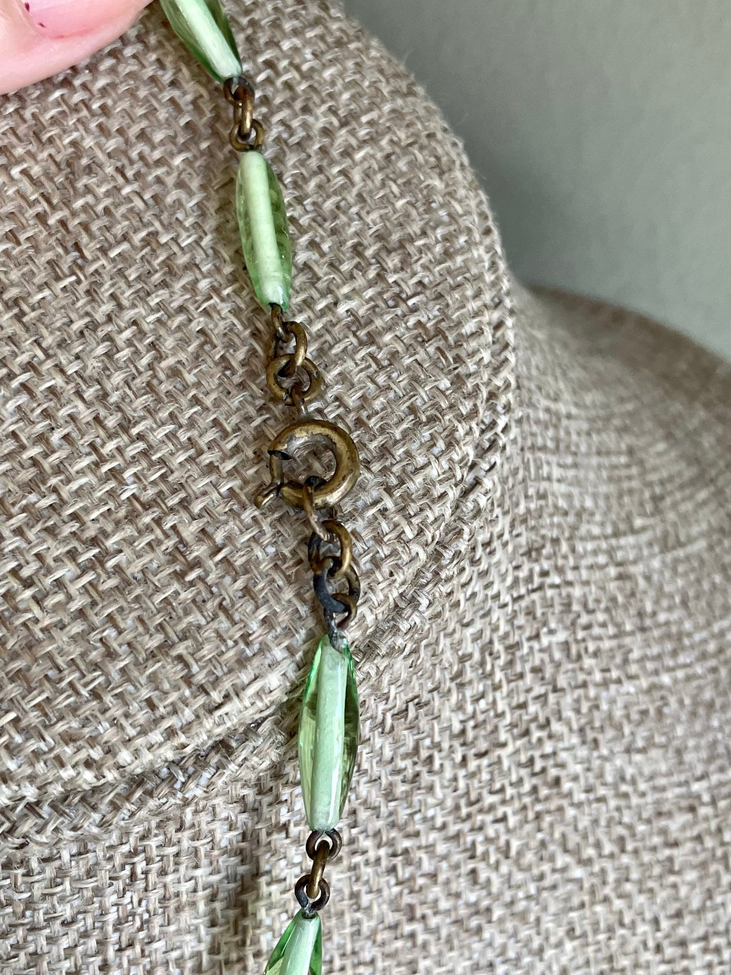 Czechoslovakia Bi-Color Lime Green Brass Dangle Necklace