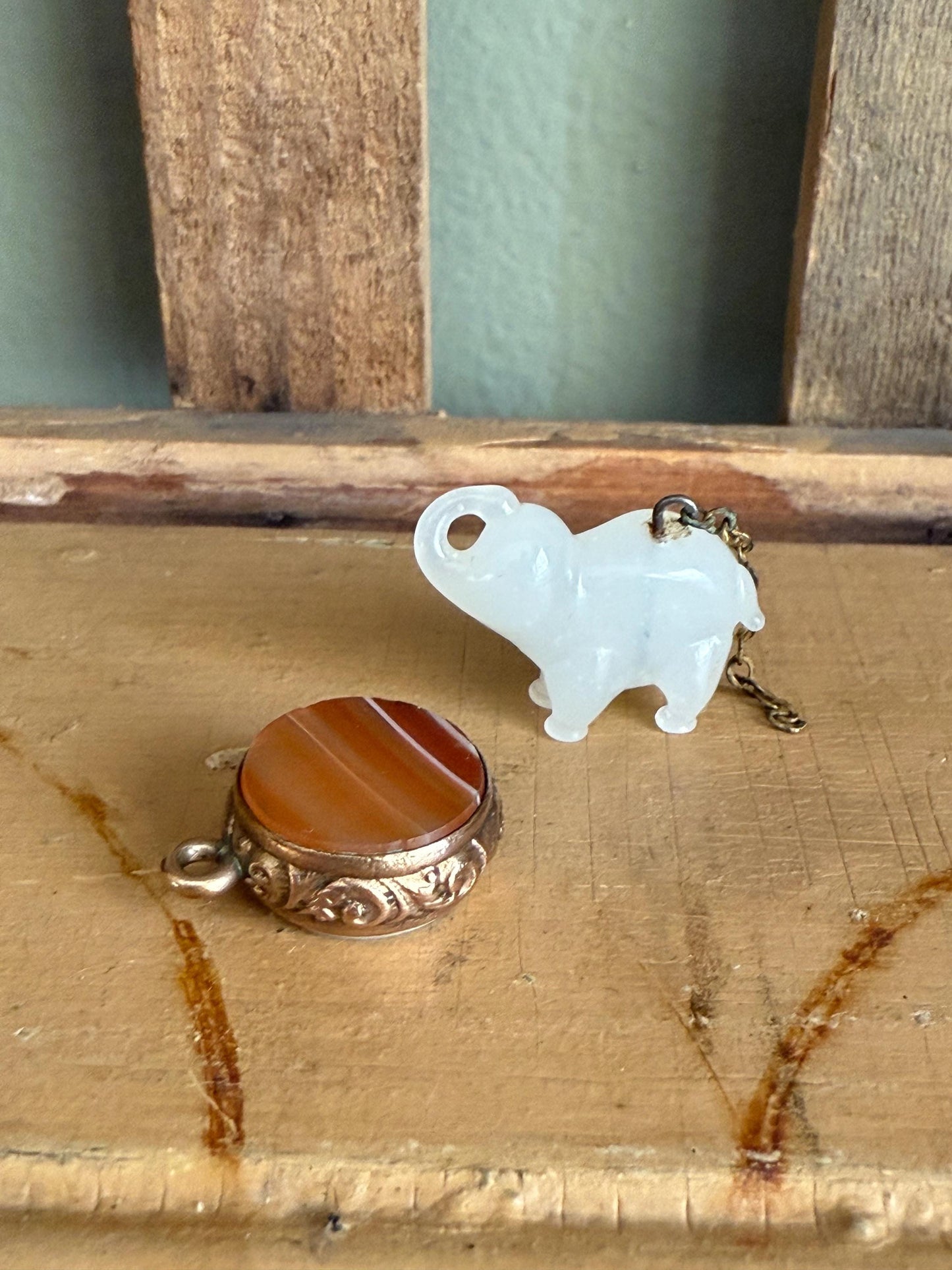 Pick One or Both Antique Glass Czechoslovakian Elephant and A Victorian Agate Double Sided Charm