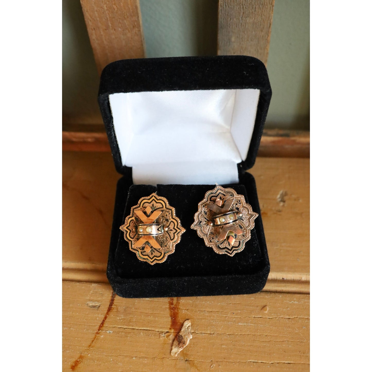 C1870 Gold Filled and 10K Gold Victorian Black Tracery Seed Pearl Earrings