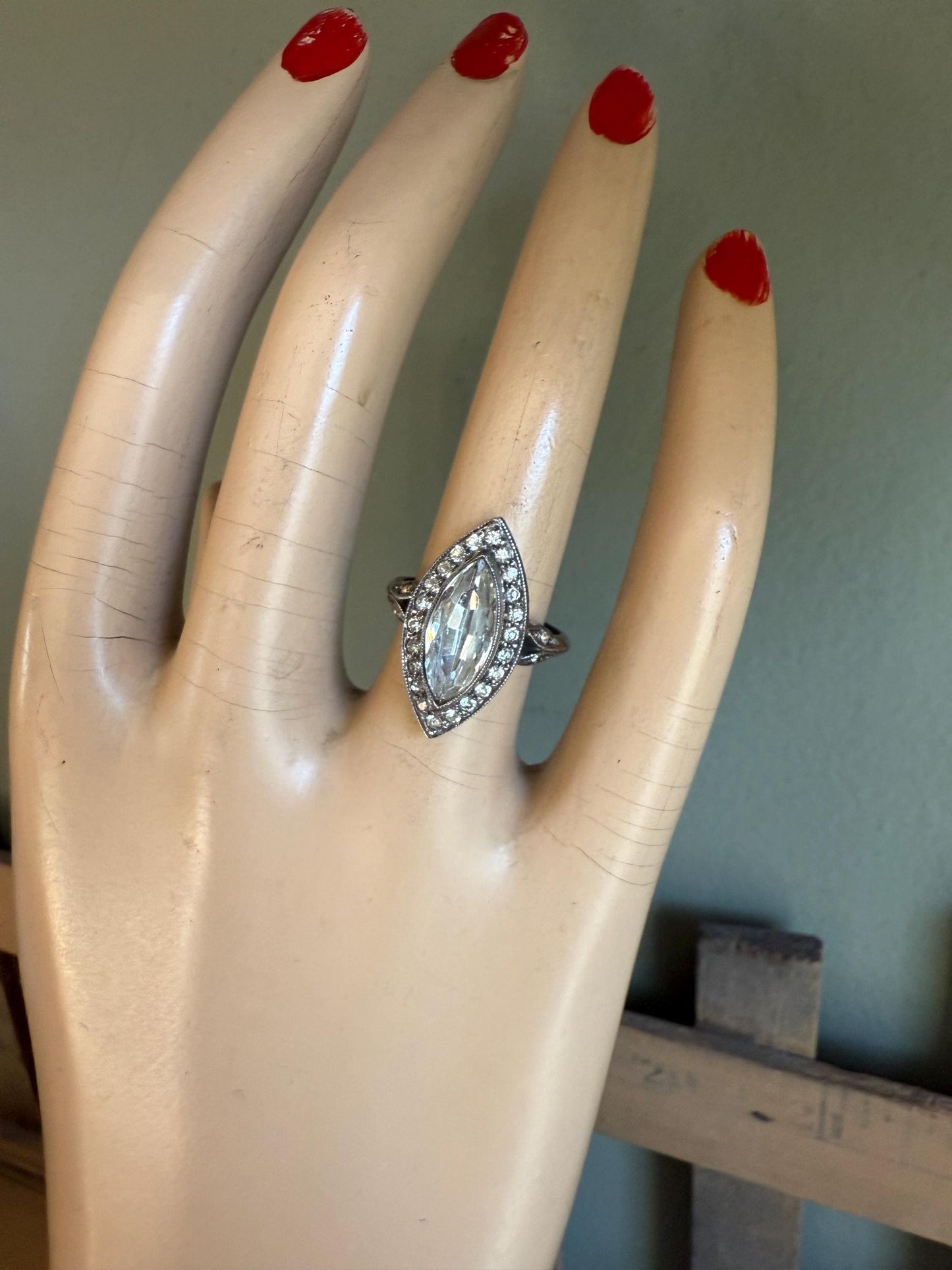 c1930 Vintage Art Deco Sterling Silver Marquis Shaped Crystal Ring