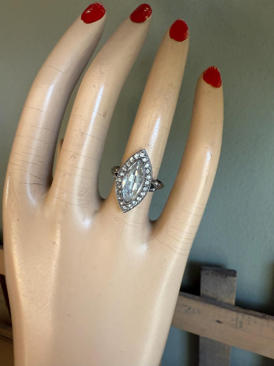 c1930 Vintage Art Deco Sterling Silver Marquis Shaped Crystal Ring