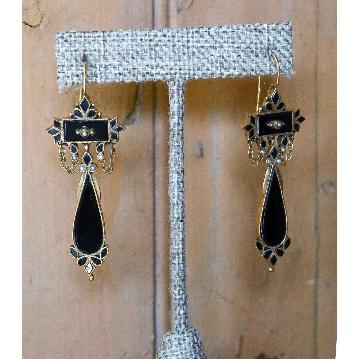 Antique Victorian 14K Gold Black Onyx & Seed Pearl Dangle Earrings