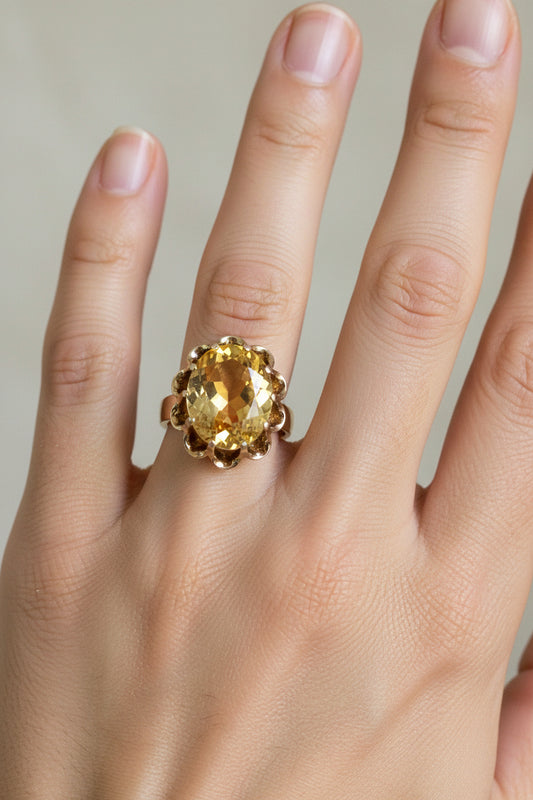1960's 18K Yellow Gold Oval Cut Sunshine Yellow Citrine Cocktail Ring