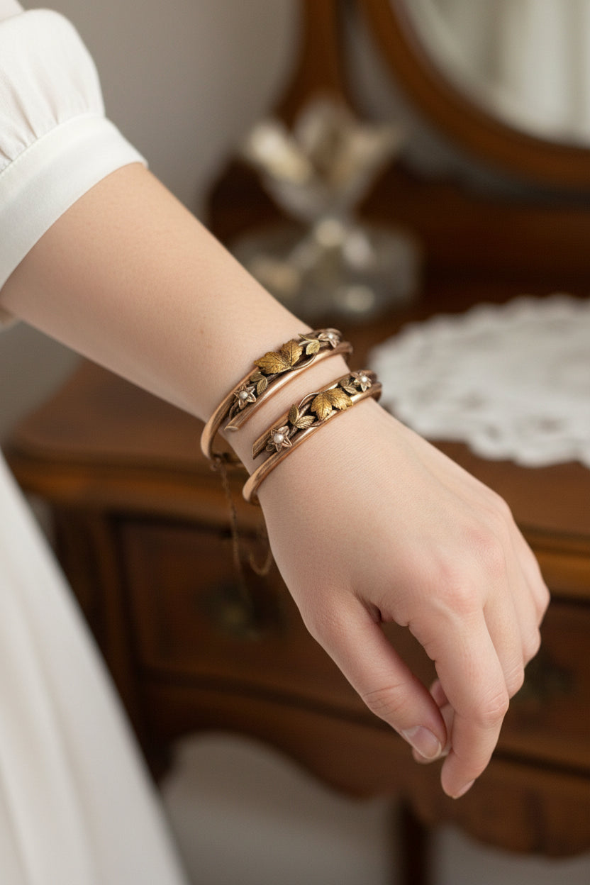 Antique Victorian Gold Filled Matching Wedding Bridal Pearl Set Bangles