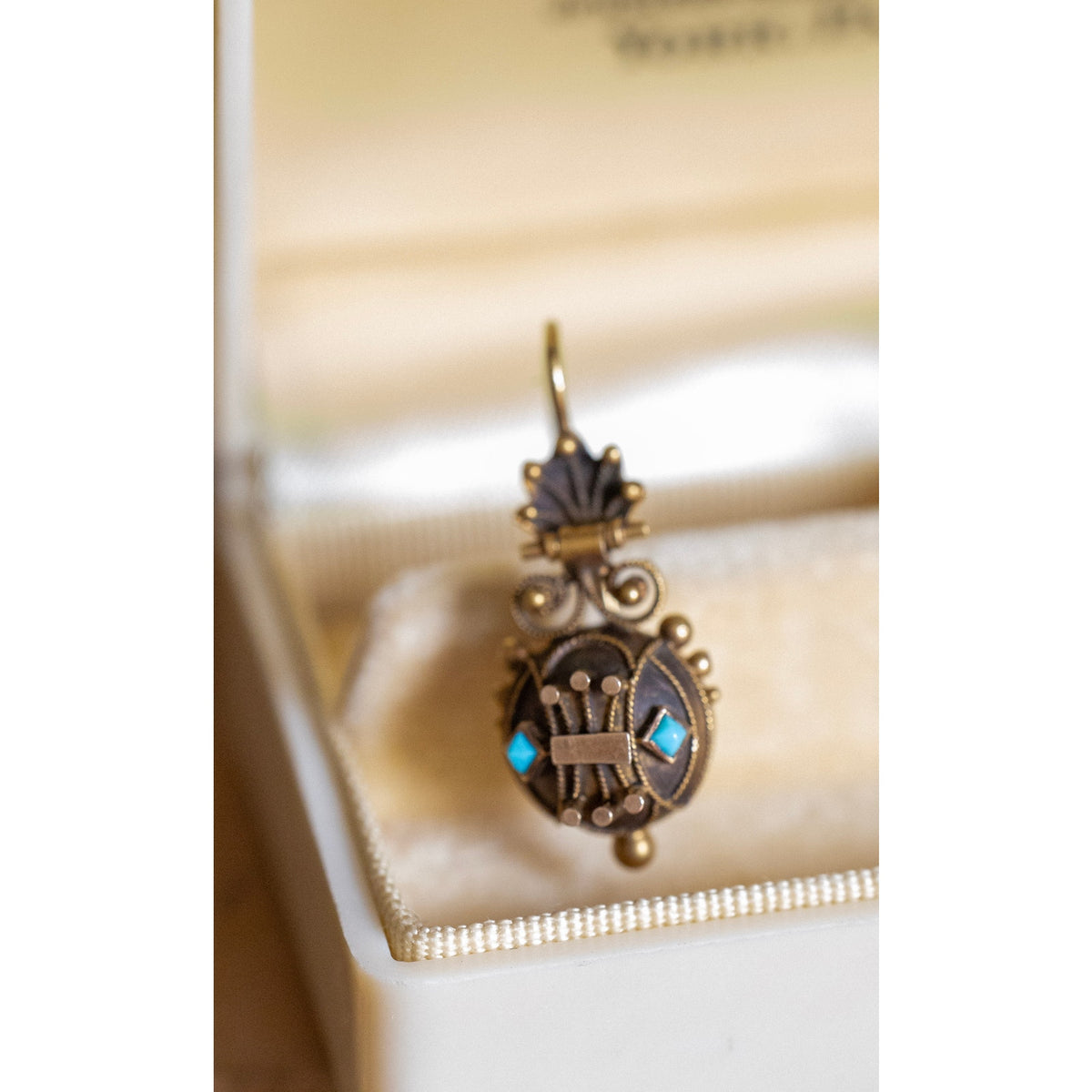14K Bloomed Gold Victorian Antique Etruscan Revival Turquoise Dangle Earrings