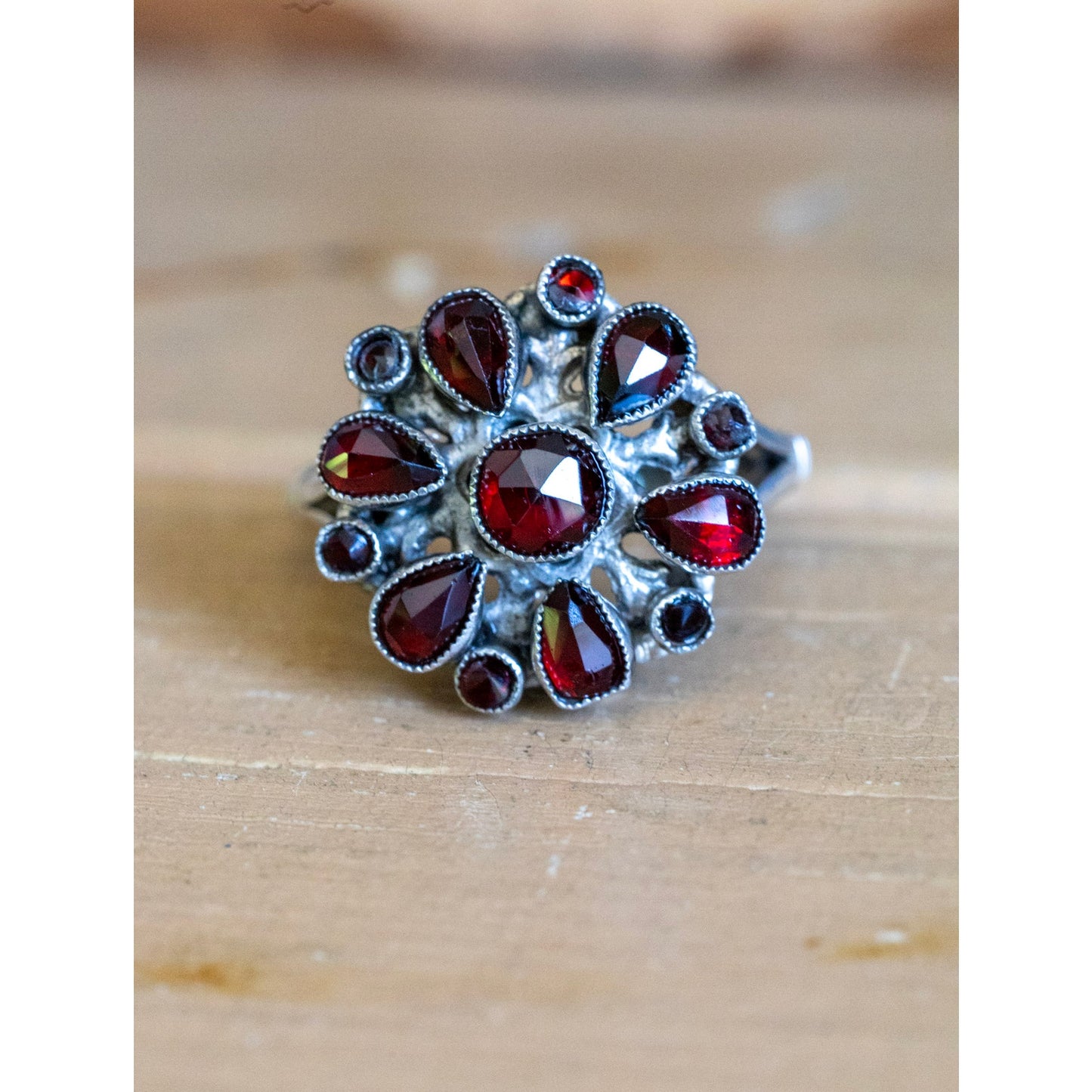 Antique Austro Hungarian Bohemian Cut Garnet Ring in Silver