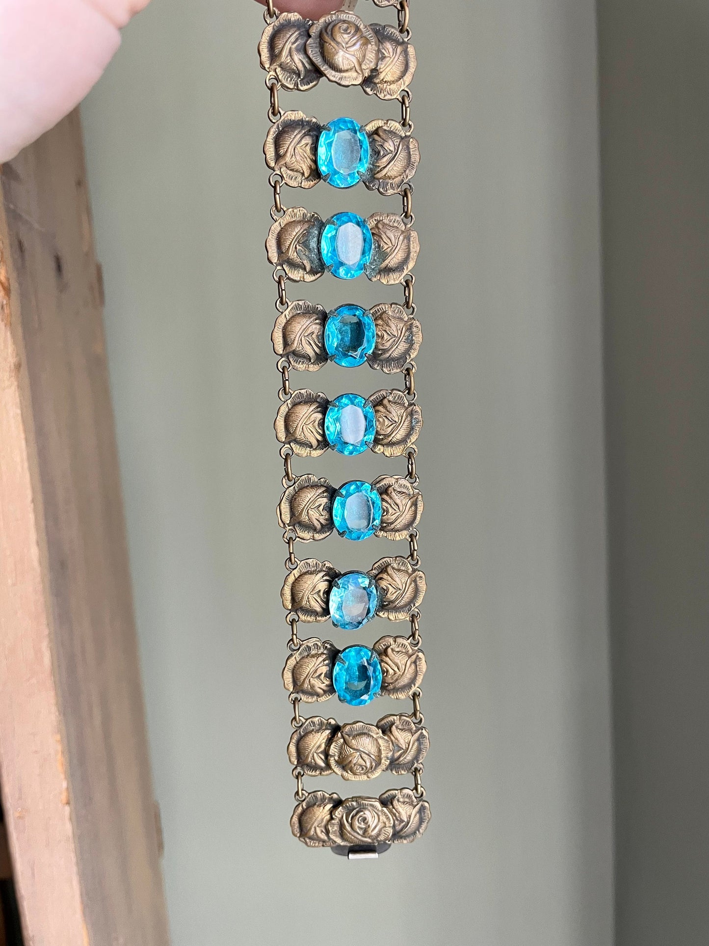 Late Edwardian Early Art Deco Aqua Paste Brass Alloy Wide Bracelet