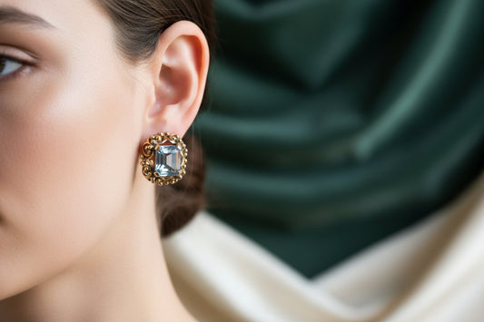 Vintage Solid 14K Yellow Gold Emerald Cut Aquamarine Earrings