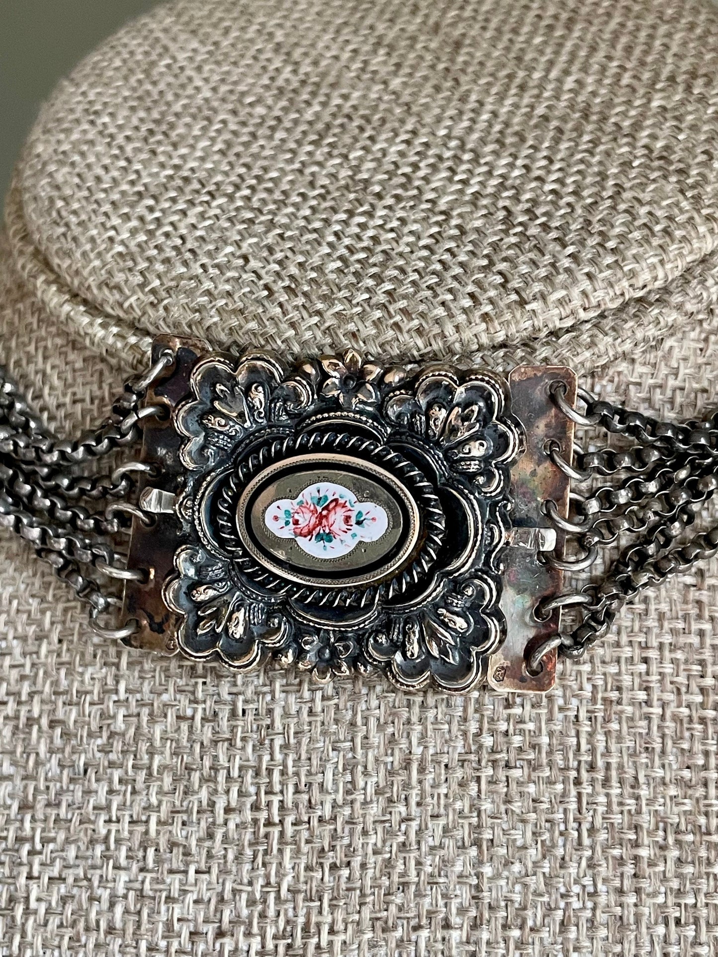 Antique Silver with Gilt Gold Hand Enameled Multi Strand Choker