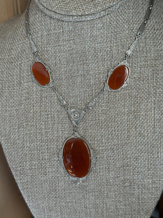 1930 Art Deco German Rhodium Plated Carnelian Glass Necklace Bracelet Set
